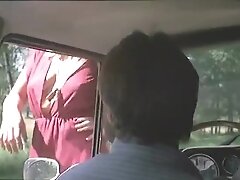 Vintage threesome in the car in a public road