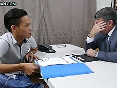 Asian skinny barebacked twink fucks white DILF in office