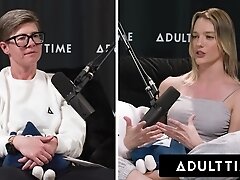 ADULT TIME - Busty Lesbians Octavia Red Kenna James CAUGHT EATING PUSSY On Podcast Set FULL SCENE