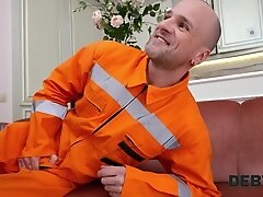 DEBT4k. Hot debtor Polly Yangs is dancing for 2 debt collectors and then gets fucked in double penetration